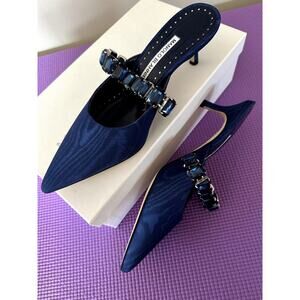 $1045 Manolo Blahnik Humibamu 50 Blue Moire Crystal Mule Heels Size EU 36.5 NEW